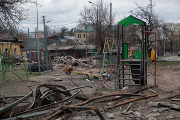 Fototapeta na wymiar playground destroyed by Russian bombs. Borodyanka