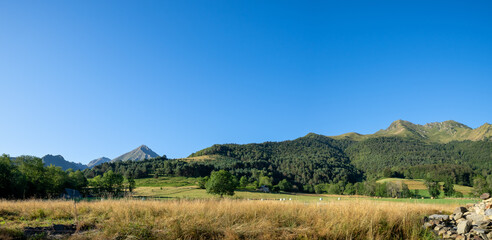 Typical Pyrenean landscape in the Aure valley on a clear blue sky. amazing view on the mountains. panoramic format
