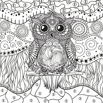 Abstract eastern pattern with owl on isolated white. Hand drawn abstract patterns on isolation background. Design for spiritual relaxation for adults. Black and white illustration