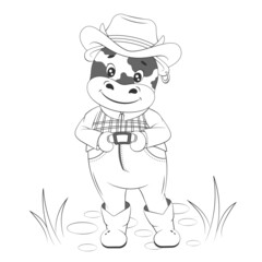 Cute cowboy calf farmer. Cartoon style. Monochrome children illustration. Vector illustration