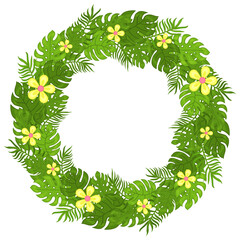 round frame with tropical leaves and flowers. Isolated on white. Cartoon style. Vector illustration.
