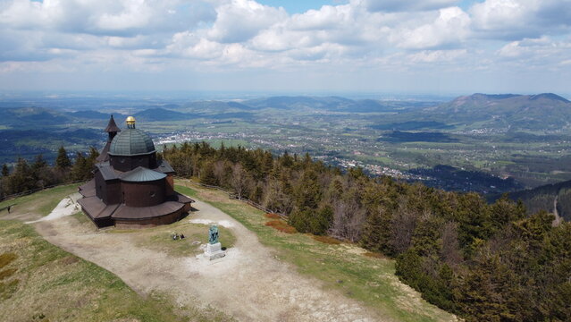 Radhost, Czechia-sculpture and Chapel of Saints Cyril and Methodius at the summit of Radhost mountain in the Beskids in Czech republic,Europe,Cyril and Methodius, aerial panorama landscape view