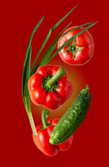 tomato, pepper, cucumber, green onion - ingredients for salad, flying food
