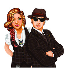 police - detective partner in brown suit with hat an sunglasses. Officer in duty. couple in a suit vector
