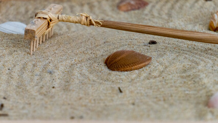 Close-up on a small decorative sandbox, its wooden rake and seashells