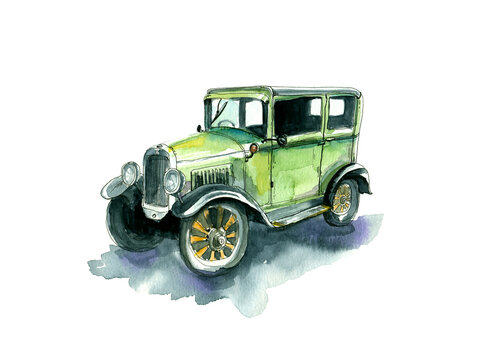 Vintage watercolor green car, hand draw llustration of old retro car on a white background