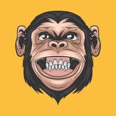 Vector Hand Drawn Smiling Chimpanzee Ape . Colored Abstract Funny Monkey Head for Wall Art, T-shirt Print, Poster. Cartoon Cute Chimp Monkey Icon, Logo, Illustration