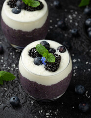 Healthy vanilla blueberry chia pudding in a glass with fresh berries