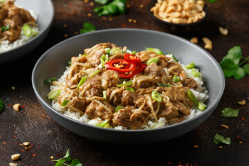Thai style peanut pork with bean sprouts and rice. Asian food