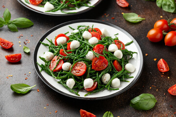 Fresh Samphire salad with cherry tomatoes and mozzarella. Healthy food.