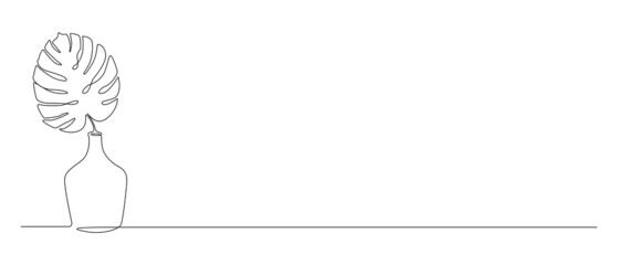 One continuous line drawing of monstera leaf in vase. Stylish boho house flower for design wedding and greeting card in simple linear style. Editable stroke. Doodle Vector illustration © Olga Rai