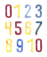 Watercolor colored numbers. Isolated illustrations set  on white background. Hand drawn painting for kids room.