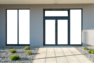 Storefront Mockup for advertisement. Blank white glass door and windows