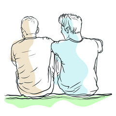 Two male friends are sitting on the ground, discussing, hanging out, simple line art hand-drawn color illustration