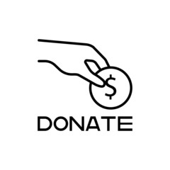 Transfer of money, donations icon in black. Donation. Coin cent in hand. Fall out. Cash back logotype. Donate, save concept. Flat isolated symbol for: logo, app, emblem, design, web, ui. Vector EPS 10