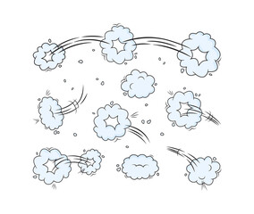 Speed vector blue clouds. Motion puff effect explosion bubble set, jumps with smoke or dust. Cartoon illustration