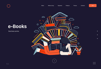 Technology Memphis - ebooks -modern flat vector concept digital illustration of a woman reading an electronic book containing a stack of printed books, metaphor. Creative landing web page template