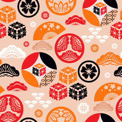 Beautiful japanese seamless pattern with clouds, waves plum, fan, sakura flower Vector template kimono asian texture. For printing on packaging, textiles, paper,fabric, manufacturing, wallpaper