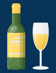 Set of a green bottle and a glass glass with white wine made from grapes. A drink for celebrating events. Vector illustration in a simple cartoon style