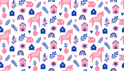 Nordic Dala horses and floral elements seamless pattern 