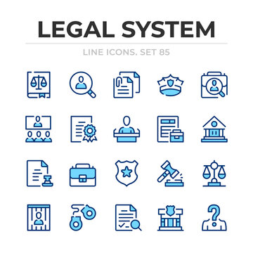 Legal system vector line icons set. Thin line design. Outline graphic elements, simple stroke symbols. Legal system icons