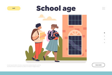 School age concept of landing page with schoolboy and schoolgirl walk to school together