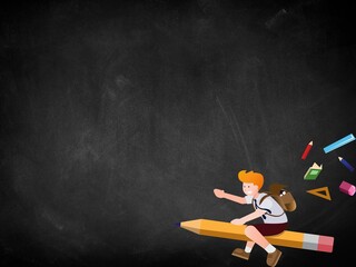 education. 
Student ride pencil, back to school concept illustration. top view, flat lay. banner - Blackboard
