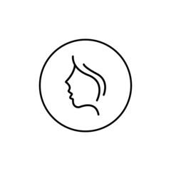 Girl face profile black line icon in circle. Beauty salon abstract concept. Trendy flat isolated symbol sign for: illustration, outline, logo, mobile, app, design, web, dev, ui, ux, gui. Vector EPS 10