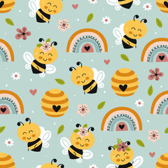 Fototapeta na wymiar seamless pattern with bee, beehive, rainbow