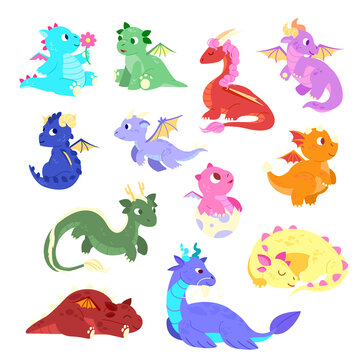 Set of funny dragon characters, newborn baby. Cute and funny, childish cartoon style of dragon kids