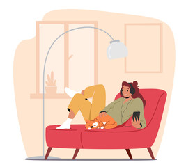 Obraz premium Online Podcasting, Radio Show Broadcasting Concept with Female Character Listen Audio Podcast. Woman Sitting with Phone