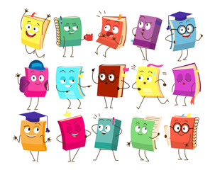 Set of funny book characters, mascots, cartoon. Childish books with smiling faces, arms and legs