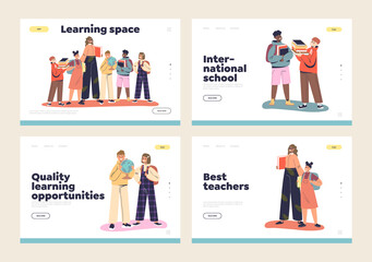 School learning opportunities and teacher landing pages set with happy schoolchildren and pedagogue