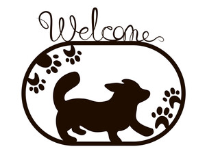 Welcome Dog sign is a template for a laser cutting machine for cardboard, wood and metal. Black stock vector illustration isolated on white background.