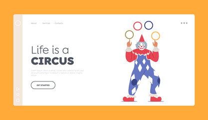 Obraz na płótnie Canvas Big Top Tent Circus Clown Juggler Landing Page Template. Artist Character Dressed in Stage Costume on Arena Throw Rings
