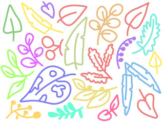 Vector Set of summer flora in flat style. Collection of tropical leaves drawn in one line. Bright summer colors.