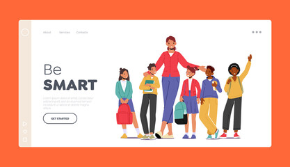 Back to School Landing Page Template. Young Smiling Woman Teacher and Group of Kids Stand in Row. Elementary School