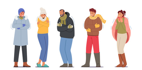 Set of Freezing People, Cold Weather Concept. Male and Female Characters Wearing Warm Clothes Suffering of Low Degrees