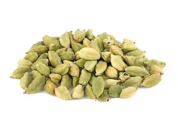 Cardamom pods and seeds isolated on white background