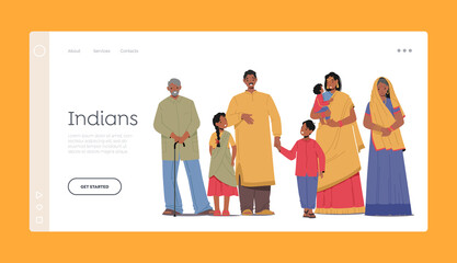 Indians Landing Page Template. Happy Indian Family Young and Old Male Female Characters Parents, Grandparents and Kids