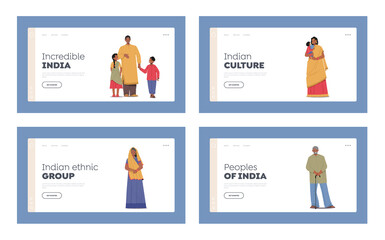 People of India Landing Page Template Set. Happy Indian Family, Smiling Young and Old Male and Female Characters