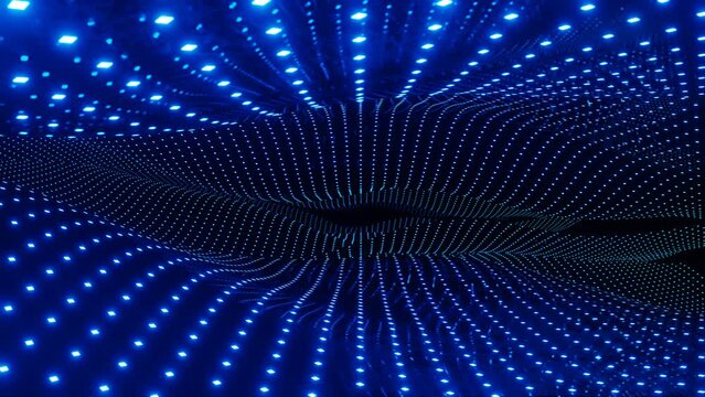 Warped surface with blue glow pattern. Fly through mirror tunnel with neon pattern, glow lines form sci fi pattern. Bright reflection neon light. Simple bg, sci fi structure. 4k looped animation.