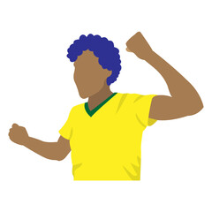 flat design of a man cheering for brazil in the cup with yellow shirt and blue wig, arms open up, happy