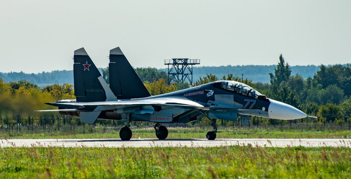 August 30, 2019, Zhukovsky, Russia. Russian multi-role fighter Su-30SM on the runway of the airfield.