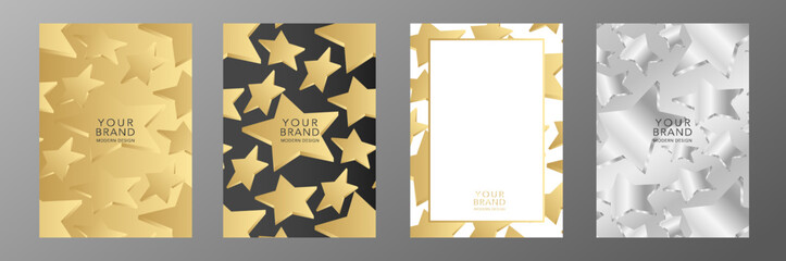 Luxury star cover design set in gold and silver color. Golden starry pattern on black background. Premium vertical vector template for holiday invitation, birthday party, gift certificate, ticket. 