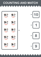 Counting and match Cow face. Worksheet for kids