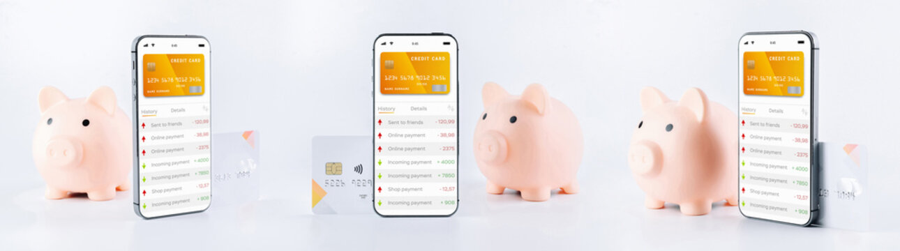 Internet based banking collection. Mobile phone with internet online bank app. Pig bank with credit card on white background. Online wallet save money set.