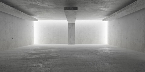 Abstract empty, modern concrete room with floating interlocking pillars from front and back and indirect light from the back wall and rough floor - industrial interior background template