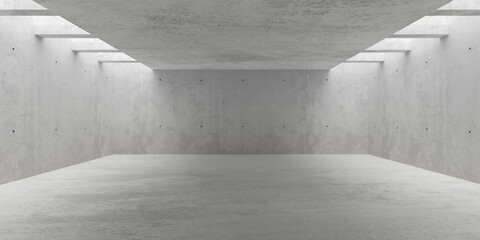 Abstract empty, modern concrete room with indirect lighting from left and right grid openings in the ceiling and concrete floor - industrial interior background template