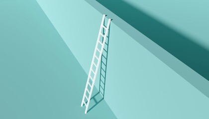 White ladder leaning against wall, modern minimal business sucess, achievement or obstacle concept - obrazy, fototapety, plakaty